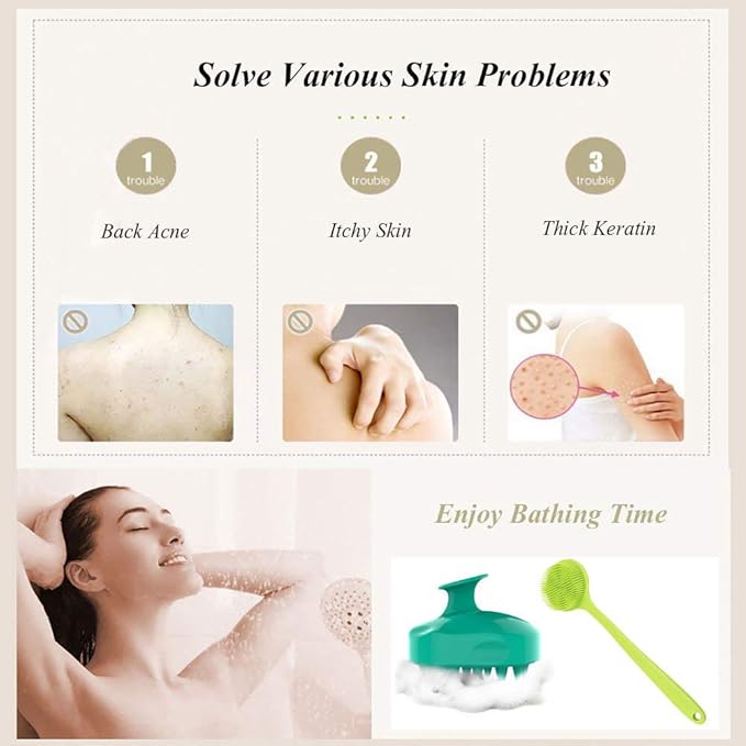 Silicone Body Scrubber & Scalp Massager - Long Handle Back Brush for Shower, Exfoliating Scrubber, Hair Dandruff Shampoo Brush for Men, Women & Kids