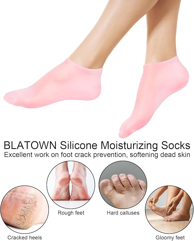 2 Pairs Silicone Moisturizing Glove Socks Set, Anti Slip Soft Spa Gel Socks Softening Feet Dry Cracked Skin, Women Spa Pedicure Socks for Foot Hand Softening, Foot Care After Pedicure (Pink)