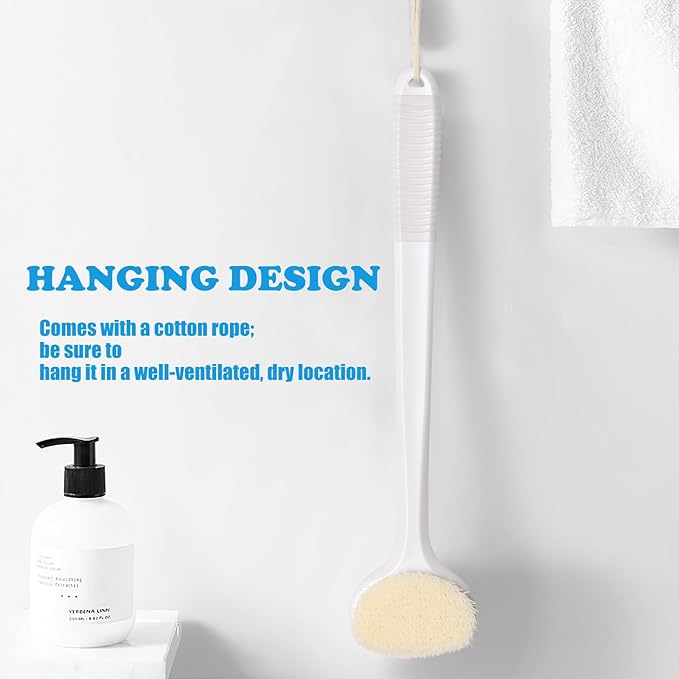 VANZAVANZU Back Scrubber for Shower, Bath Brush with 17-Inch Long Anti-Slip Handle, Wet and Dry Brushing Body Brush for Body Cleansing, Back Brush for Men and Women (White)