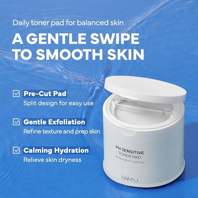 SAM’U PH Sensitive Toner Pad – Splitable Dual-Textured Vegan Facial Exfoliating Pads with Hyaluronic Acid & Panthenol for Daily Hydration & Soothing - Korean Skin Care (60 Pads)