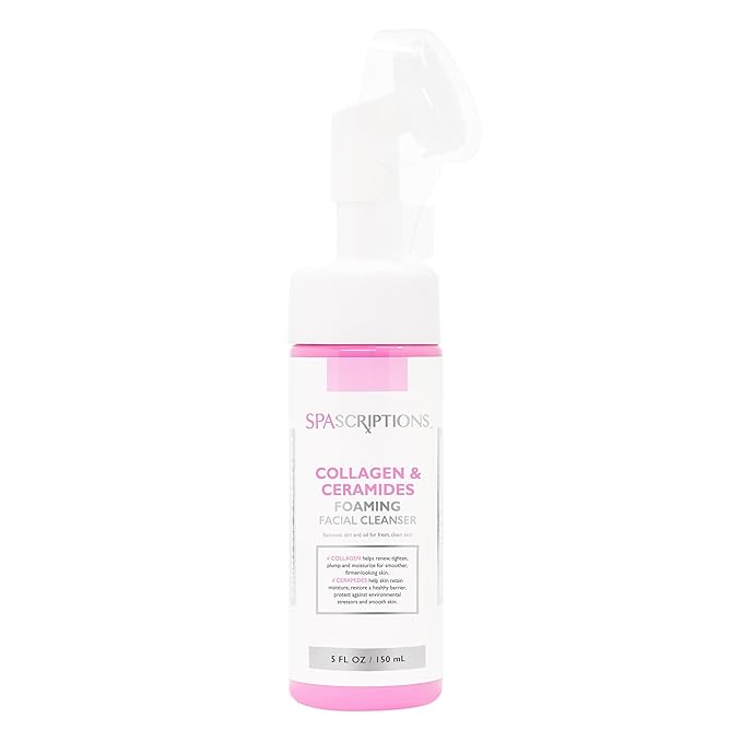 SpaScriptions Collagen & Ceramides Foaming Facial Cleanser, pH Balanced, Non Comedogenic, Paraben Free, For All Skin Types, 5 fl oz / 150 mL