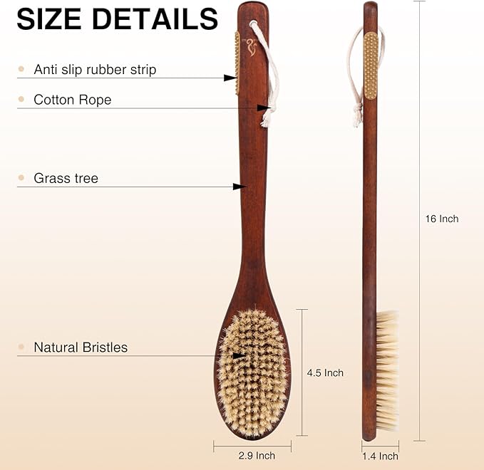 Wooden Bath Brush with Stiff Sisal Bristles Long Handle for Shower Back Scrubber Body Exfoliator, with Hook for Hanging (Stiff Sisal Hair)
