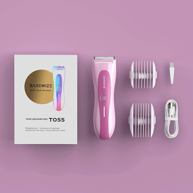 BAREWlZE Bikini Trimmer for Women, Pubic Hair Trimmer | LED Light, IPX7 Waterproof, USB-C Rechargeable, Replaceable Ceramic Blade | Electric Razors for Women, Electric Body Hair Shaver (Petal Bonbon)