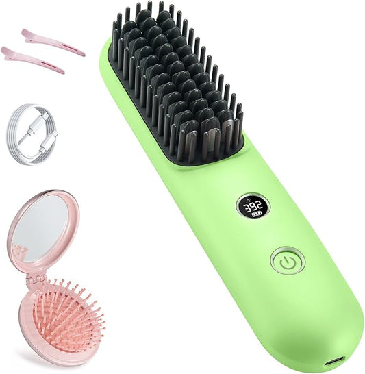 LCD Screen Cordless Hair Straightener Curler 2 in 1, Portable Mini Hair Straightening Brush for Travel Negative Ionic Fast Heating Hot Comb for Women, Folding Brush with Mirror, Green