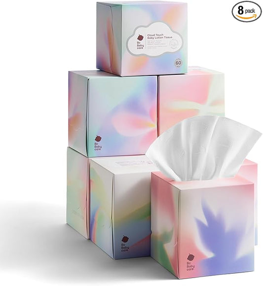 Bc Babycare Lotion Ultra Soft Facial Tissues, 8 Cube Boxes, Hypoallergenic, Plant-based Materials, Clean Gentle Baby Essentials, 60 Tissues Per Box, 5-Ply