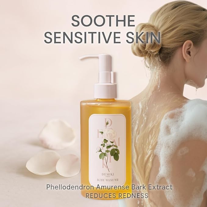 DEMIKI Body Wash Women Moisturizing Sensitive Skin, White Rose Scent Shower Gel Body Wash for Women, Winter Hydration Care, Sulfate-Free, Paraben-Free, Dye-Free, 10 fl oz