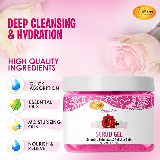SPA REDI – Exfoliating Scrub Pumice Gel, Sensual Rose, 16 oz - Manicure, Pedicure and Body Exfoliator Infused with Hyaluronic Acid, Amino Acids, Panthenol and Comfrey Extract