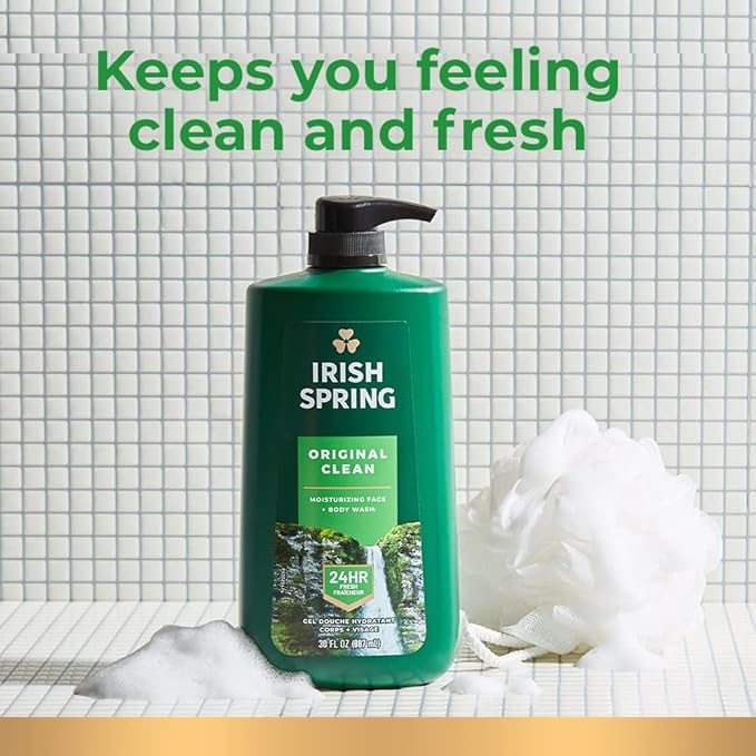 Irish Spring Men's Body Wash Pump, Original Clean Body Wash for Men, Smell Fresh and Clean for 24 Hours, Cleans Body, Hands, and Face, Made with Biodegradable Cleansing Ingredients, 30 Oz Pump