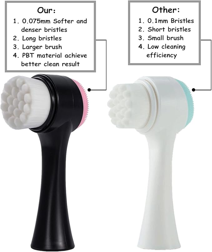 Face Brush 2 in 1, Facial Cleansing Exfoliating Scrubber Brush, Silicone Double Side Face Wash Scrub Brush with Super Soft Bristles for Deep Pore Cleansing, Massaging, Skincare Makeup Removal