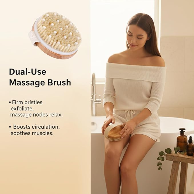 Dry Brush Set-4 Packs Natural Boar Bristle Dry Brushing Body Brush Exfoliating, Face, Foot, Bath Brush for Face and Body for Cellulite Lymphatic Drainage(Set A)