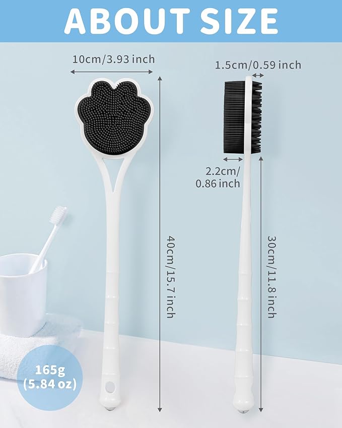 Manmihealth 15.7" Cute Silicone Back Scrubber with Long-Handle, Dual Use Back Brush for Shower with Super-Soft Silicone Bristles, Paw-Shaped Shower Body Scrubber for Sensitive Skin (Black)