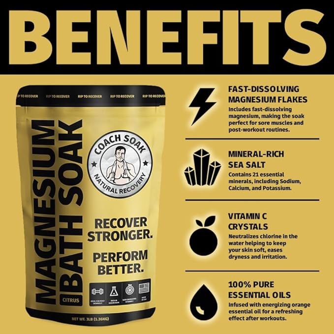 Coach Soak Recovery Bath Soak - Alternative to Epsom Salt Bath Soak - Fast-Absorbing Pure Magnesium Flakes & Dead Sea Salt with 21 Minerals, Bath Salts & Essential Oils - 3 lb, Energizing Citrus