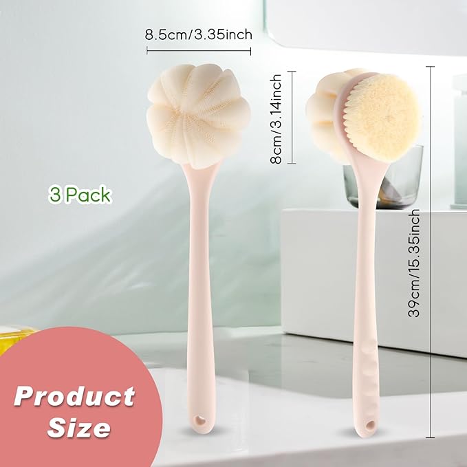 3-Pack Pink 15.4" Long Handle Dual Sided Bath Brushes with Soft Bristles and Beautiful Pumpkin Loofah for Gentle Deep Cleansing
