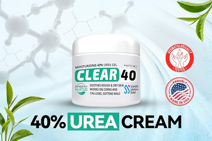 CLEAR 40, 40% Urea Gel, 4 oz w/Tea Tree & Coconut Oil, Aloe Vera Extract, Works on Calluses & Corns, Moisturizes & Softens Cracked Heels, Feet, Elbows, Hands, Nails, Superior Hydration to Urea Creams