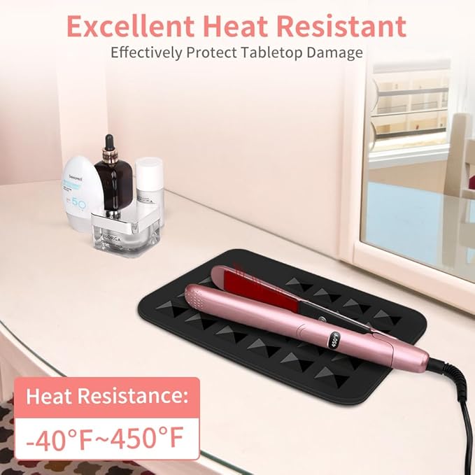 Professional Silicone Heat Resistant Mat, Heat Mat for Curling Iron, Flat Iron, Hair Styling Tools Appliances Dryer Salon Tools Hair Stylist, with Hook Loop Strips (Block Black)