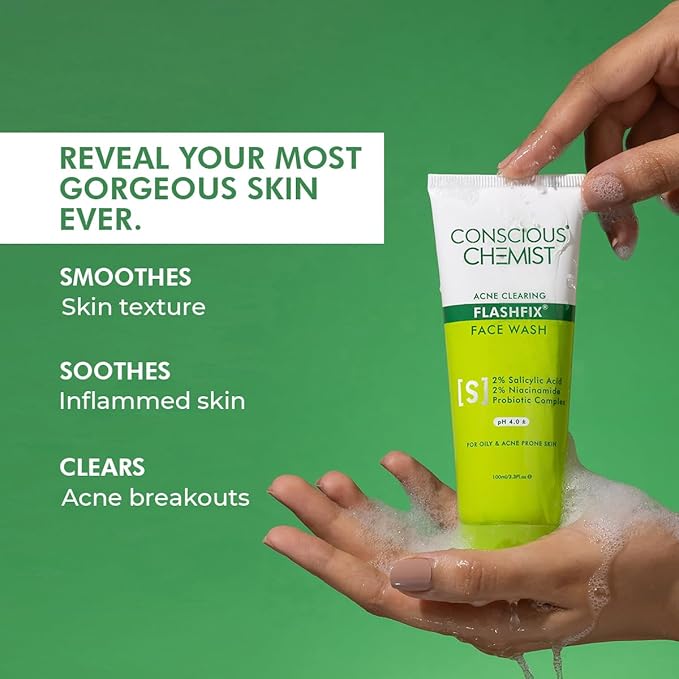 Conscious Chemist® 2% Salicylic Acid Face Wash | 100ml | Face Wash for Oily & Acne Prone Skin for Men & Women, Glycolic Acid & CICA Extract, For Glowing & Radiant Skin, Vegan & Cruelty Free - Flashfix