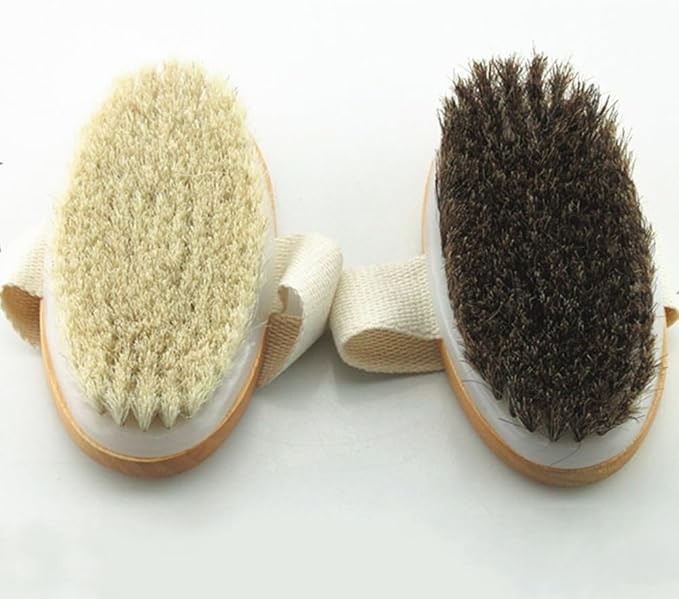 Wooden Soft Horsehair Mane Natural Bristles Bath & Shower Brush, 5x2.8 Inch Oval Shape Dry Body Brush Scrubber for Exfoliating, Detox and Cellulite, etc. (Brown Horsehair)