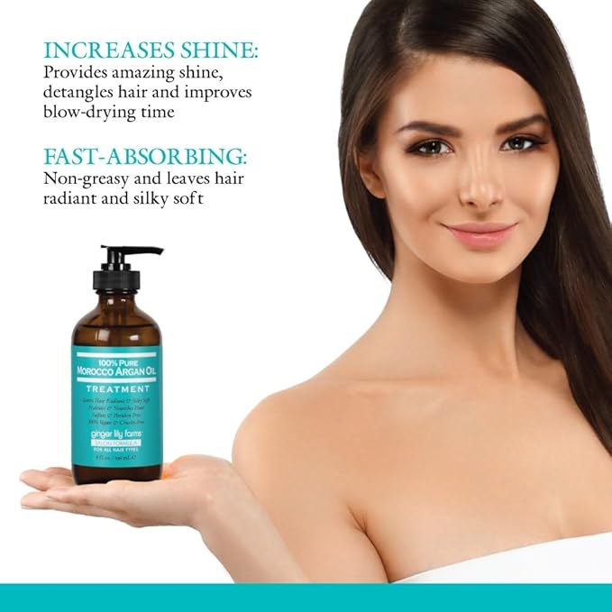 Ginger Lily Farms Salon Formula 100% Pure Morocco Argan Oil Treatment for All Hair Types, 100% Vegan & Cruelty-Free, 8 fl. oz.