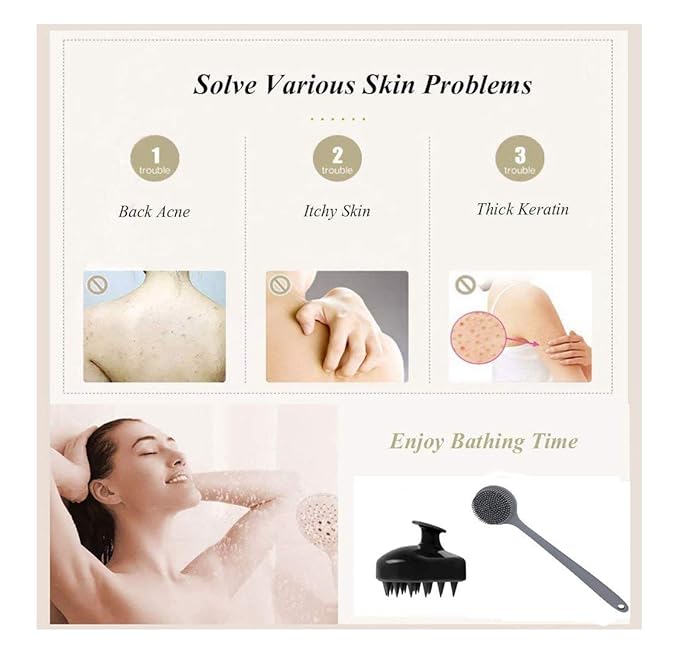 Silicone Body Scrubber & Scalp Massager, Long Handle Back Scrubber for Shower, Exfoliating Brush, Hair Dandruff Shampoo Brush for Men, Women & Kids