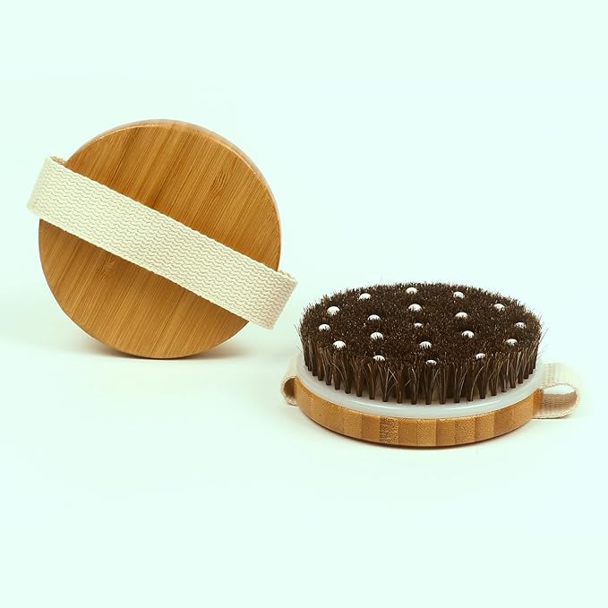 4.3” Round Bamboo Dry/Wet Body Brush Scrubber with Natural Bristles, Bath Shower Brush for Cellulite, Exfoliating and Detox, etc. (White Horsehair Bristles)