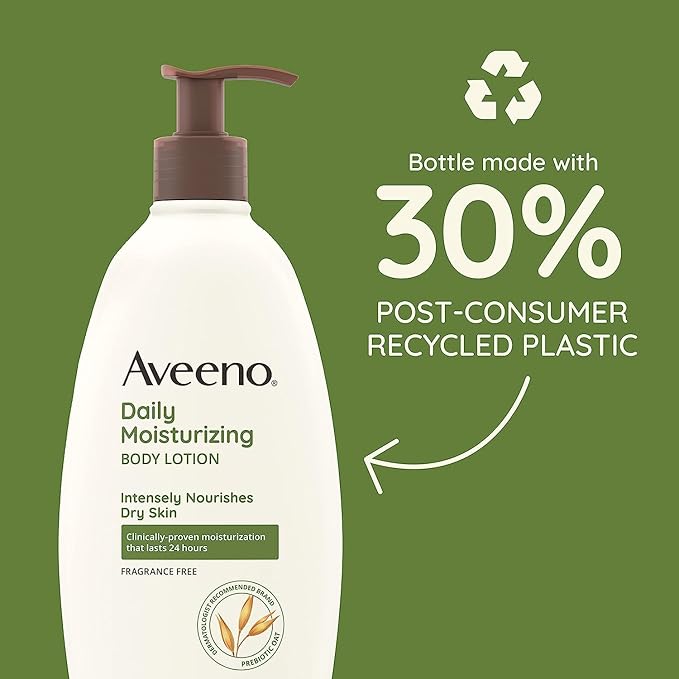 Aveeno Daily Moisturizing Body Lotion, Body Lotion for Dry Skin with Prebiotic Oat, Paraben Free, Fragrance Free, Non-Greasy, Non-Comedogenic Moisturizer, 18 FL OZ