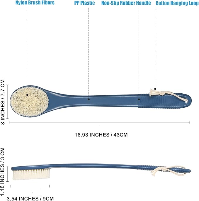 17-Inch Back Scrubber for Shower, Anti-Slip Exfoliating Body Brush for Bath, Gentle Back Brush for Shower for Men, and Women, Cleaning Skin for Smooth, Glowing Skin (Blue)