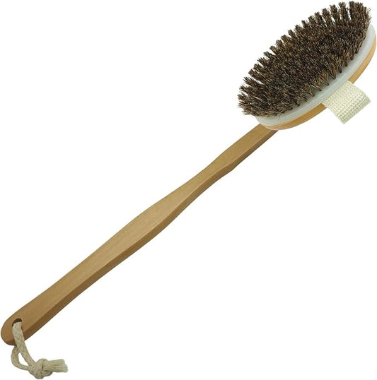 Dry Brushing Body Brush, Exfoliating Back Scrubber Natural Horsehair Bath Brush with 16.5” Long Handle Detachable for Shower, Skin Exfoliation, Cellulite and Lymphatic Improvement Gift