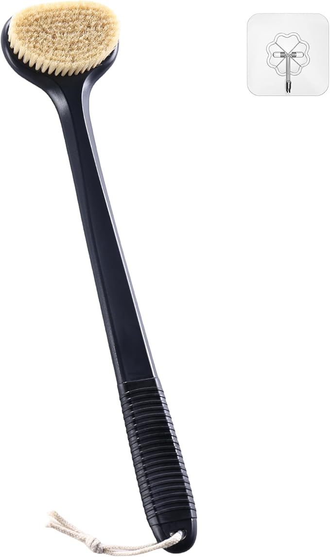 Back Scrubber for Shower with 17" Long Handle, Non-Slip Grip Dry Brushing Body Brush, Natural Boar Bristles Shower Brush for Lymphatic Drainage, Back Brush for Shower Men & Women – Boar Bristles
