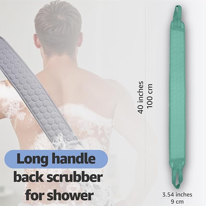 Back Scrubber for Shower with Handles, 40 Inch Extra Long Double-Sided Exfoliating Bath Strap, Textured Body Washer with Extended Reach for Deep Cleaning (Green)