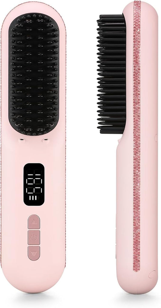 Hair Straightener Brush, Portable Cordless Mini Straightening Brush for Travel, 300M Negative Ions for Frizz-Free Shine, Fast Heating,Hot Comb Hair Straightener with 9 Temps for Women