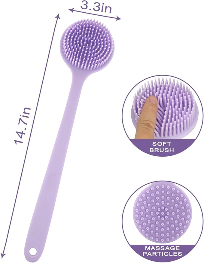 Silicone Back Scrubber for Shower, 14.7in Then Handle Body Brush, Double Sided Shower Brush for Shower Exfoliating and Massage Can Produce Rich Foam, Long Handle Back Scrubber for Men and Women