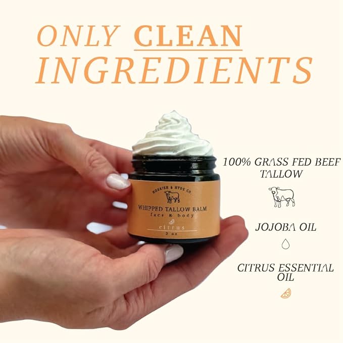 Nourish & Hyde Co. 100% Grass-Fed Tallow Whipped Balm & Lotion – 2 oz | Moisturizer for Face & Body | Beef Tallow for Skin | No Seed Oils, Handcrafted in USA (Citrus)