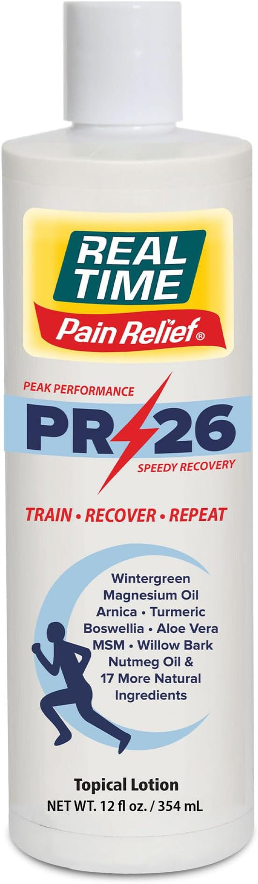 PR-26 by Real Time 12 fl oz Recovery Topical Lotion for Athletes - 26 Natural Ingredients Including Arnica, Magnesium Oil, Turmeric - Pre & Post Workout Muscle + Joint Rub for Your Athletic Lifestyle