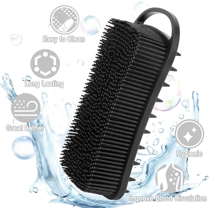 Silicone Body Scrubber, 2 in 1 Soft Silicone Loofah 2 Pack Exfoliating Body Scrubber Loofah for Women Men, Body Scrubber Shower Bath Shampoo Brush with Loop for Sensitive Skin Lather Well, Black &Blue