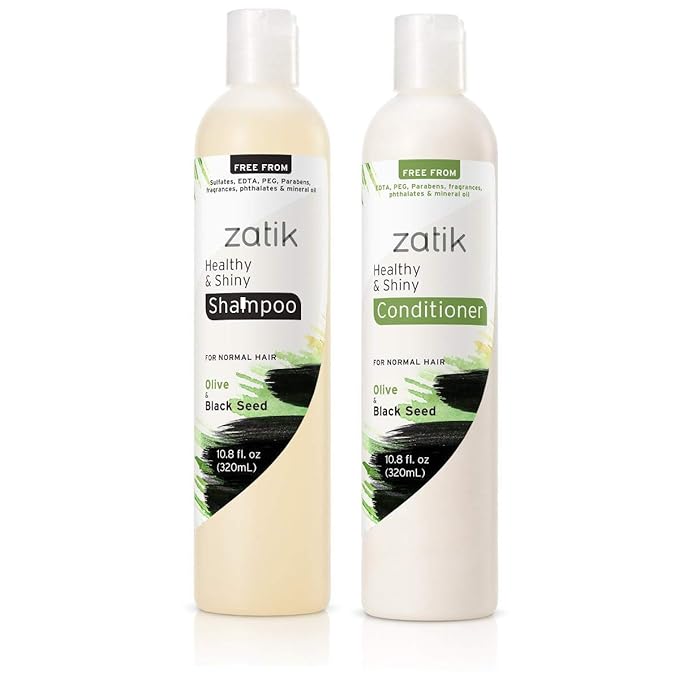 Zatik Naturals - Healthy & Shiny Shampoo + Conditioner set, with Olive and Black Seed, Voluminizing and Safe for Color Treated Hair - one of each 10.80 fl oz.