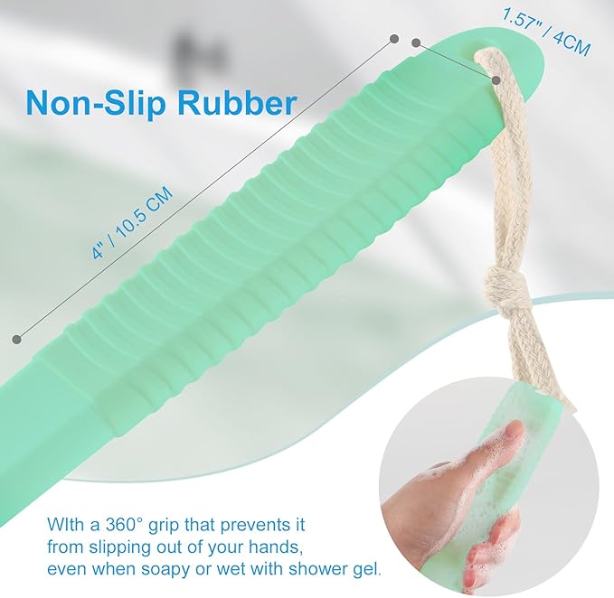 VANZAVANZU Back Scrubber for Shower, Bath Brush with 17-Inch Long Anti-Slip Handle, Wet and Dry Brushing Body Brush for Body Cleansing, Back Brush for Men and Women (Celadon Green)