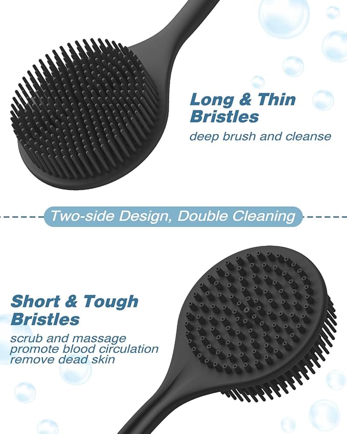 Manmihealth Silicone Back Scrubber(Thin Bristles) & Soft Bath Glove Set, Super-Cleaning Body Scrubber & Super-Lathering Shower Brush Combination, with a Free Hook. (Black)