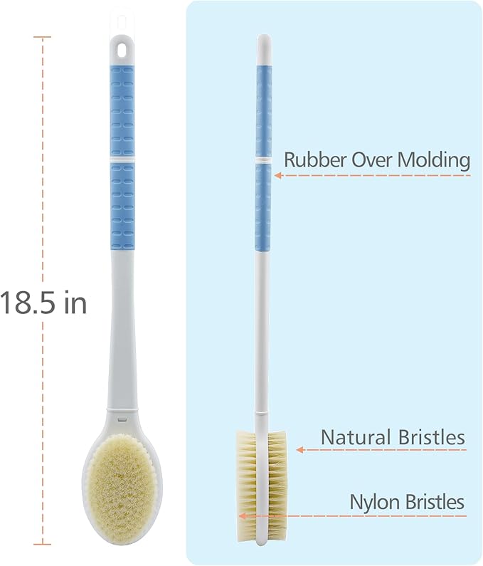 Shower Brush with Soft and Stiff Bristles,18.5" Long Handle Dual-Sided Back Scrubber Bath Brush Body Exfoliator for Wet or Dry Brushing (Long Handle)