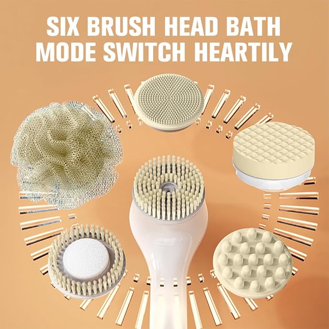 Generic Electric Body Brush Set for Showering,Exfoliating Bath Brush Long Handle for Shower Lotion Applicator for Back Silicone Body Scrubber with 6 Shower Brush Heads for Women Men Gifts (White)