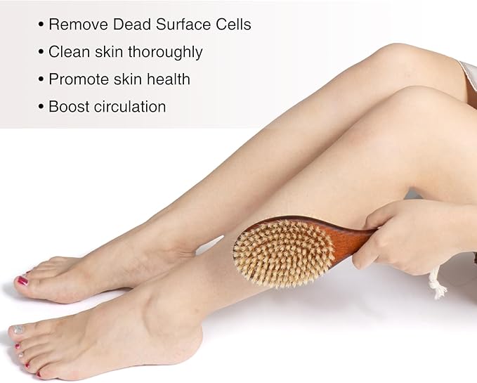 Short-Handle Dual-Sided Bath Massage Brush, Soft Boar & Firm Sisal Bristles, Portable (Red Oak)