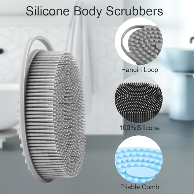 Soft Silicone Body Scrubber 3 PCS Silicone Body Shower, Silicone Loofah 2 in 4 Bath and Shampoo Brush, Body Scrubber Shower Cleaning Exfoliating Use,Lather Well, Black,Blue,Grey
