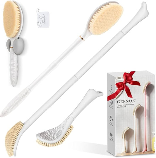 New Foot Brush & Back Scrubber Set 2PCS, 10.2''- 27.5'' Adjustable Foot Scrubber for Shower, 18.9'' Shower Back Scrubber with 3-Length Usage, Great Aid for People with Limited Mobility(White)