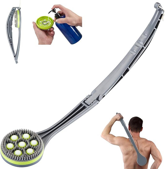 21" Lotion applicator for Back,Silicone Body Scrubber,Foldable Bath Brush with Shower Gel Reservoir,Back Scrubber for Shower with Curved Handle for Elderly, Disabled,Men and Women