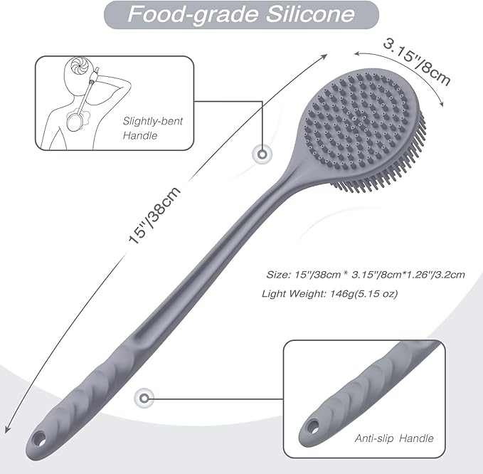 Manmihealth Silicone Back Scrubber (Thin Bristles) & Bath Glove & Face Brush Set(3PCS), Super-Exfoliating & Lathering Body Scrubber, Shower Brush, Face Scrubber Combination, with a Free Hook.(Gray)