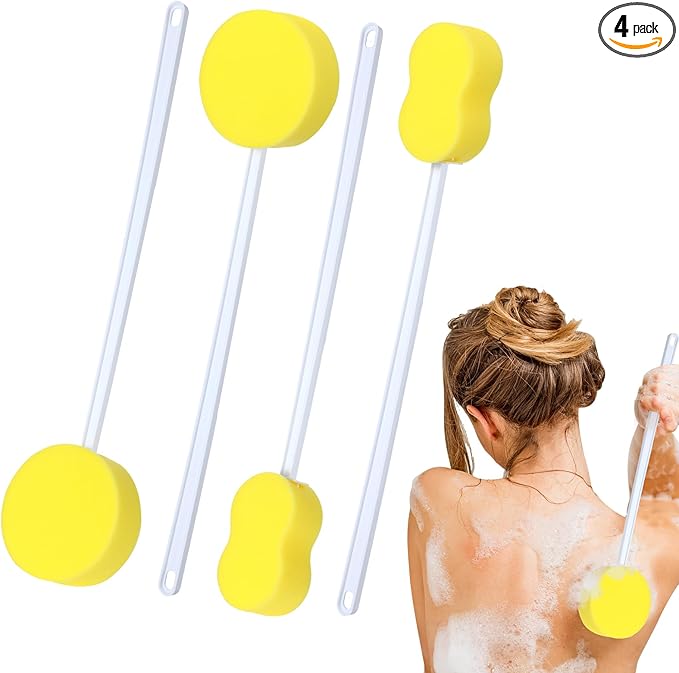 Uiifan 4 Pcs Long Handle Bath Sponge Yellow Back Sponge on a Stick Round and 8 Shape Back Washer for Shower White Handle Butt Scrubber Bathing Brush for Foot Body Cleaning Bathing Limited Motion