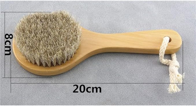7.87” Short Handle Dry Bath Body Brush Scrubber, Wood Handle Soft Horsehair Mane Natural Bristles Shower Brush, Good for Cellulite, Detox, Exfoliating, Blood Circulation, etc.