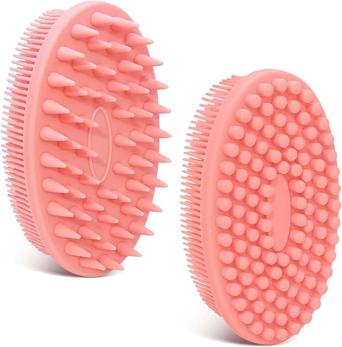 Soft Silicone Body Scrubber 2PCS, Dual-Side Silicone Loofah for Shower, Gentle Loofa Alternative, Replaceable Brush Head to be Used Alone or with Long Handle (Pinkx2)