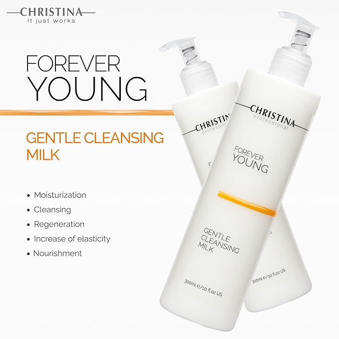 Christina Forever Young Gentle Cleansing Milk with Retinol for Face | Nourishing Formula with Glycolic Acid, Vitamin A, Vitamin E for Aging & Dry Skin | Suitable for ages 30-45+ | 24-Hour Care 300ml