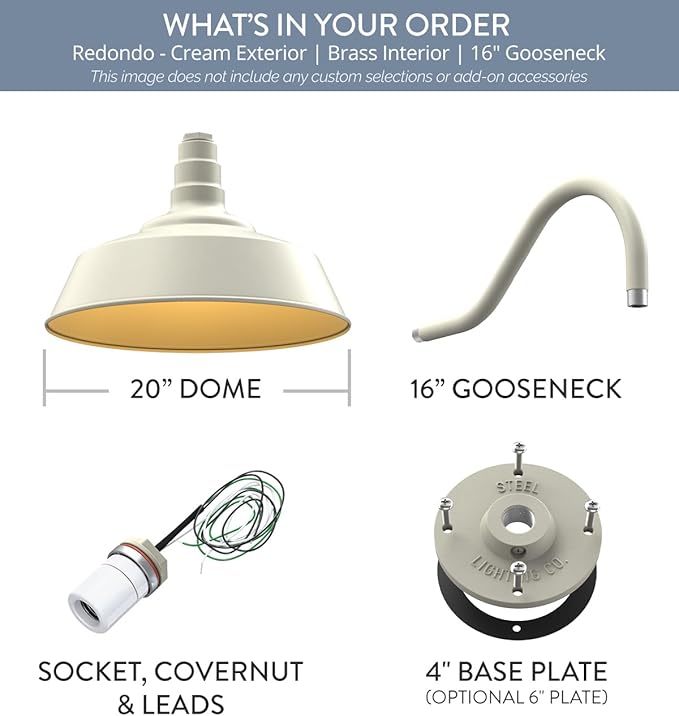 Steel Lighting Co. | Dusk to Dawn | Redondo Barn Light | Outdoor Wall Mounted | 20 inch Dome | 16 inch Gooseneck | Large Farmhouse Warehouse Light Made in America | Cream/Brass