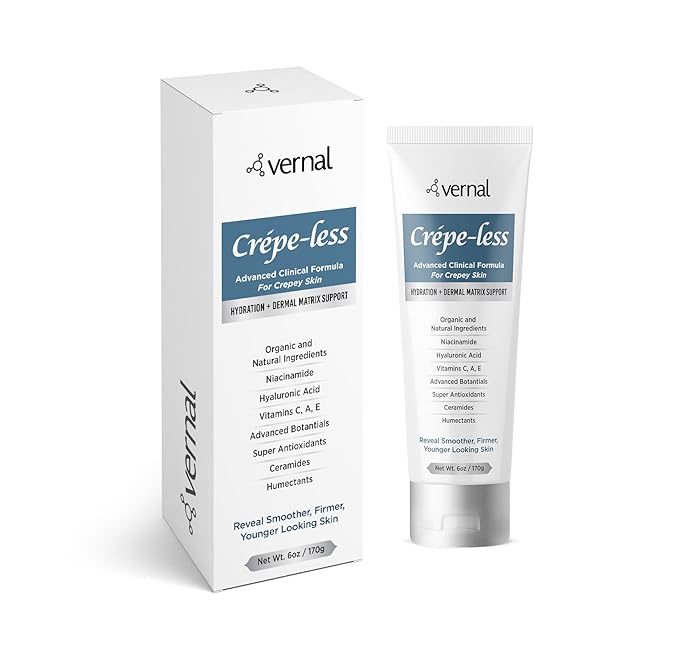 Vernal Crepe-less skin firming cream to reduce crepey arms, neck & hands. Organic tightening cream to reduce thin dry wrinkled skin. Best moisturizer to treat dry thin arms. Made in USA (6 Oz)